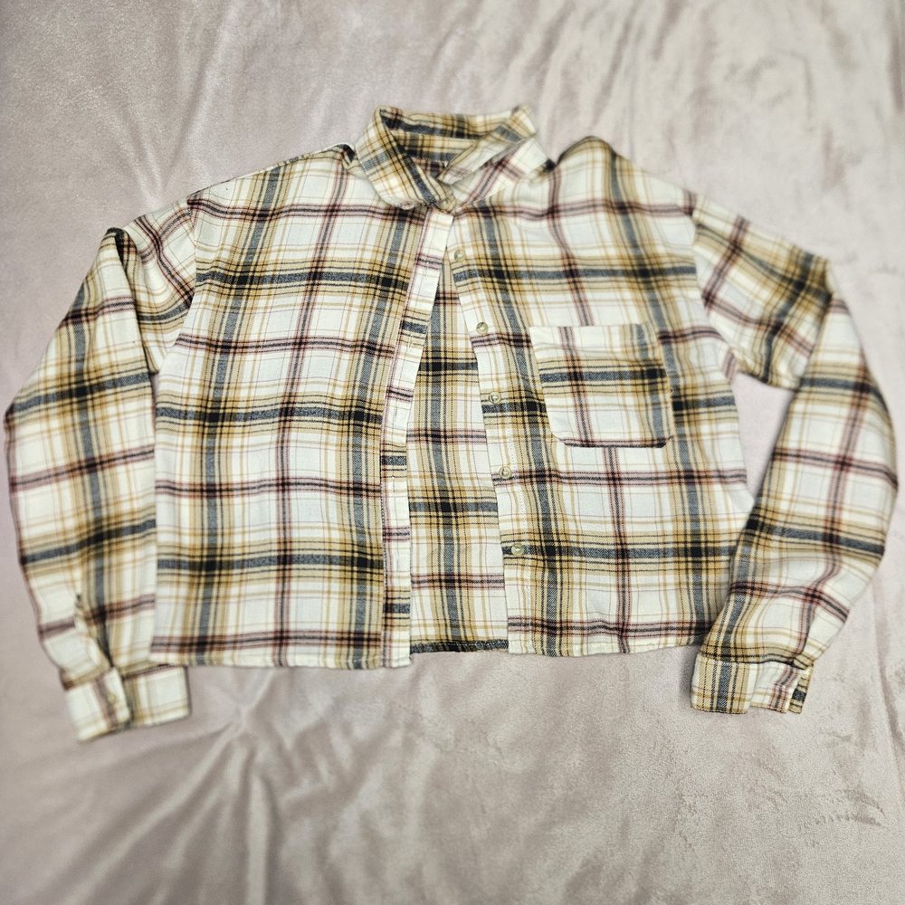 Cropped Plaid Button-Up Shirt in Cream, Yellow & Burgundy